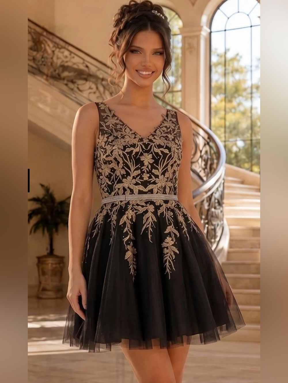 Dancing Queen Black & Gold Floral Embroidered V-Neck Juniors Mini Dress Size S